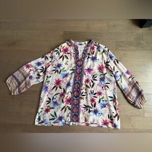 Johnny Was Floral Boho Cream Blouse with Pink, Blue & Green Accents